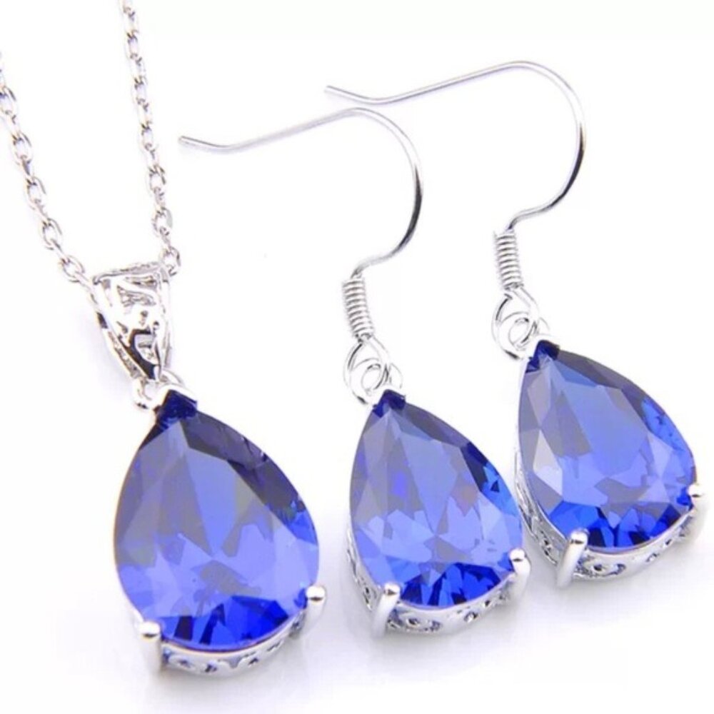 Blue Topaz Teardrop Pendant Necklace Earrings Set 925 Sterling Silver Plated